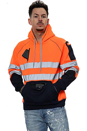 Hi Vis 3 Zips Hoodie High Visibility Reflective Tape Band Work Fleece Safety Hooded Top Phone & ID Pockets Pullover Hood SweatShirts Jacket Warm Security Plus Sizes Small - 5XL (L, Orange Pullover)