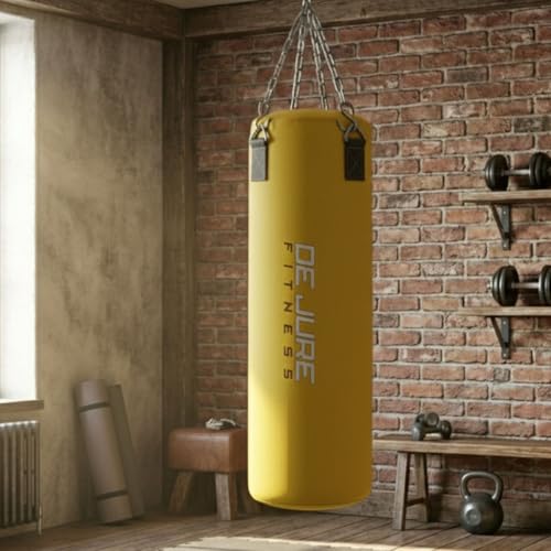 Image of De Jure Fitness Heavy Duty Punching Bag with Rust-Proof Stainless Steel Hanging Chain | Durable Polyester Fabric | Comfortable Recycled Filling | Boxing MMA, Kickboxing (Polyester-Filled-Yellow, 3 Ft)
