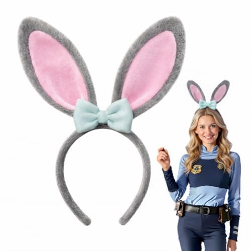 SINZHU Gray Bunny Ears Headband with Purple Bow, Soft Plush Rabbit Ear Hairband, Easter Theme Party Accessory for Adults