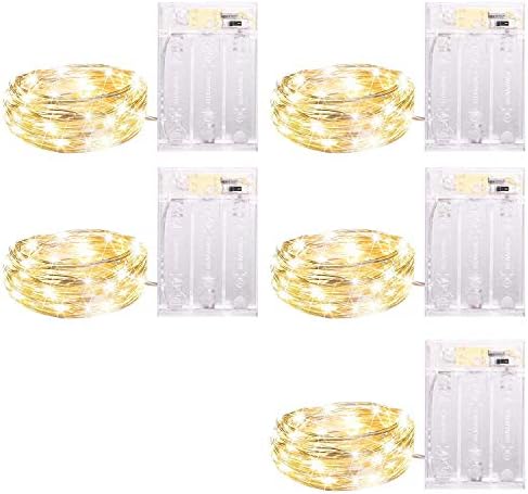 Minetom Improved Design with Timer Set of 5 Micro LED 20 Warm White Lights Battery Operated on 7ft Long Silver Color Ultra Thin String Wire, 6 hours on/18 hours off