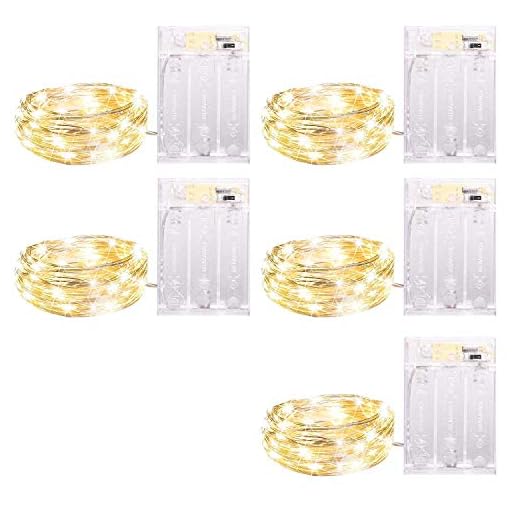 5 Pack Fairy Lights Battery Operated, 7 Feet 20 Led String Lights with Timer, Waterproof Firefly Lights on Silver Wire for Home Party Wedding Christmas Decorations, 6 Hours on/18 Hours Off, Warm White