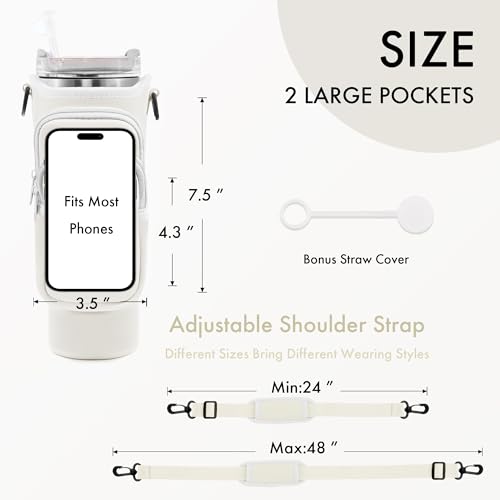 Image of Water Bottle Carrier Bag with Phone Pocket for Stanley Cup 40 /30 oz, Water Bottle Holder with Adjustable Strap& Straw Cover, Stanley Cup Accessories (White)