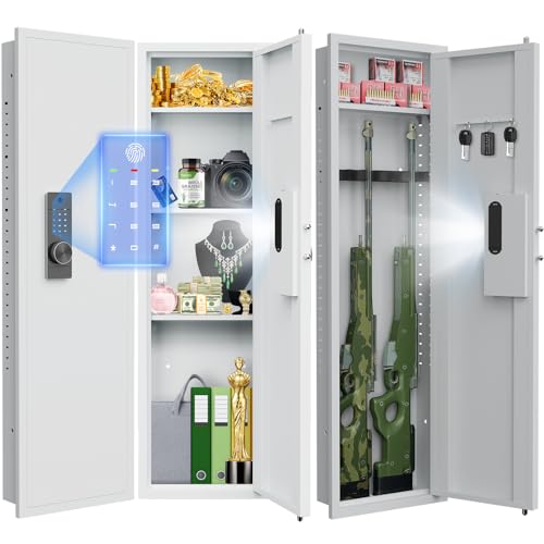 Silkight 53.15 Wall Safe Between the Studs Biometric Hidden Wall Gun Safe with Touch Digital Keypad Fingerprint Lock Gun Cabinet for Rifles and Pistols with Dual Alarm Mute Mode