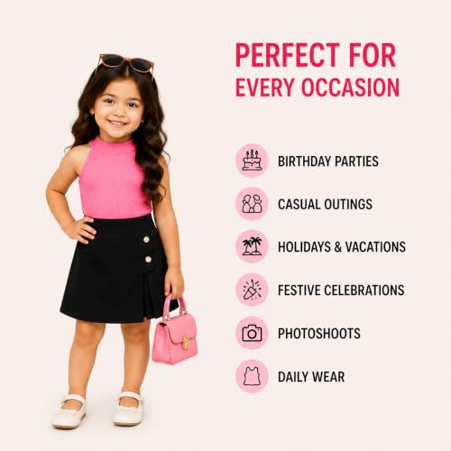 Image of RIYANSHI Girls Halter Neck Ribbed Top with A-line Skirt Set | Cotton Blend, 2 Piece Outfit, Button Detail, Ages 1-10 Years, Casual Wear