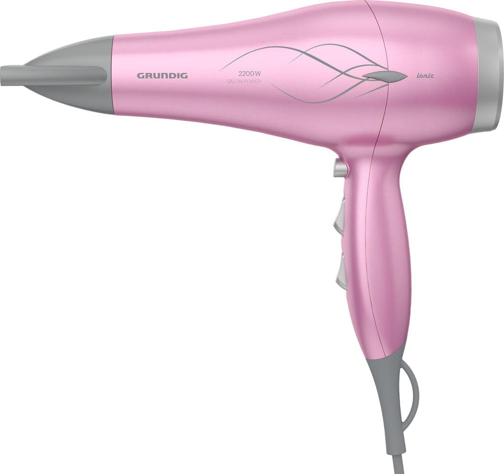 Grundig - HD 6280 Haartrockner - 2200W mit Ionen-Funktion & Pink Lotusöl - Keramikbeschichtung - 3 Temperaturstufen - Inkl. Diffusor - Rosa/Silber