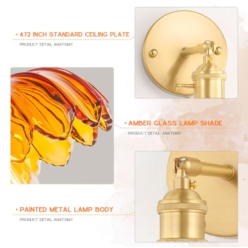Image of Amber Glass Wall Sconce Brushed Gold Vanity Light 1-Lights Brass Bathroom Light Fixtures Vintage Modern Wall Sconces for Over Mirror Flower Wall Lighting Farmhouse Bath Vanity Lights