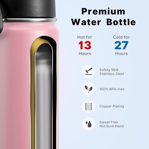 Image of koodee 26 oz Water Bottle with Straw Stainless Steel Vacuum Insulated Wide Mouth Sports Water Bottle, Girls Water Flask for School BPA Free-Pink