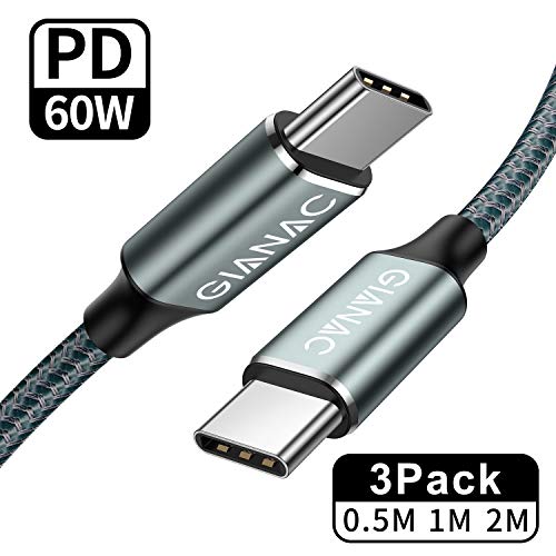 QGhappy Cable USB C a USB C [3 Pack/0.5M+1M+2M], Cable Tipo C de Carga Rápida 60W 20V / 3A PD Cable de Datos para Macbook Pro 16''2019,iMac,Samsung S10+ S9,Huawei P30 P20 Pro Mate 10