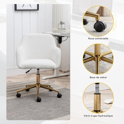 Image of FOXHUNTER Vanity Chair with Wheels 360 Swivel, Teddy, White | Home Office Desk Chairs,Adjustable Height Accent Chair for Living Room,Bedroom