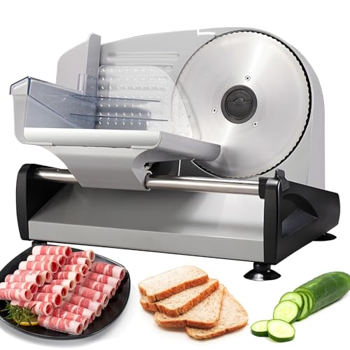 OLSKFUH Electric Meat Slicer With Adjustable Thickness 1-15Mm, Removable Stainless Steel Blades, Safety Switch, Ideal For Deli Foods, Cheese, And Bread,Grey