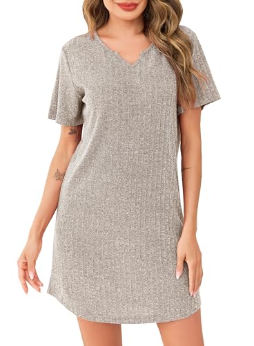 Lovasy Camisones de Mujer Verano Manga Corta Punto Canalé Camisón Cuello V Ropa de Dormir Mujer Camison Super Suave,Caqui,S