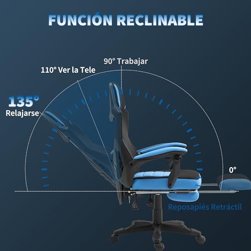 Sedia da gioco girevole a rete, sedia da gamer con poggiapiedi retrattile, schienale reclinabile e alto, altezza regolabile, braccioli imbottiti, blu - Sedia gaming - Immagine 5