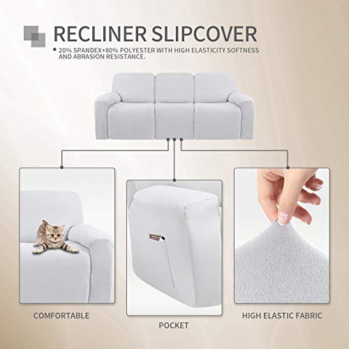 Image of Easy-Going 8 Pieces Microfiber Stretch Sectional Recliner Sofa Slipcover Soft Fitted Fleece 3 Seats Couch Cover Washable Furniture Protector with Elasticity for Kids Pet(Recliner Sofa,Snow White)