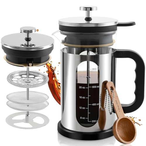 CHDEXU French Press Kaffeemaschine, 1000 ml, Borosilikatglas, Edelstahl, Kaffeebrauer mit wiederverwendbaren Filtern, tragbare Kaffeepresse für Küche, Reisen, Camping