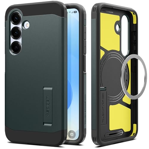 Spigen Tough Armor (Ai) MagFit Designed for Galaxy S25 Case [Kickstand] [Fast Wireless Charging] (2025) - Abyss Green