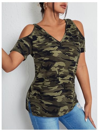 Women's Camo Cold Shoulder T Shirt V Neck Short Sleeve Slim Fit 2025 Summer Tee Tops4
