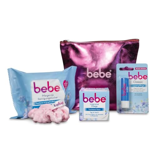 bebe Gesichtspflege Routine Set mit Pflegenden Reinigungstüchern Intensive Pflege Lippenpflege Classic stylischer Kosmetiktasche & Scrunchie