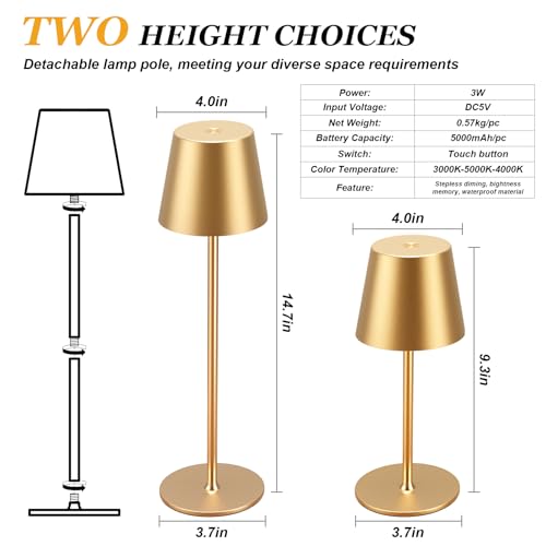 Image of Kakanuo Cordless Table Lamp Rechargeable Gold - KK 4 Pack Battery Operated Lamp for Dining Table, 3 Color Stepless Dimming Wireless Lamp for Counter, Outdoor Patio, Touch Control