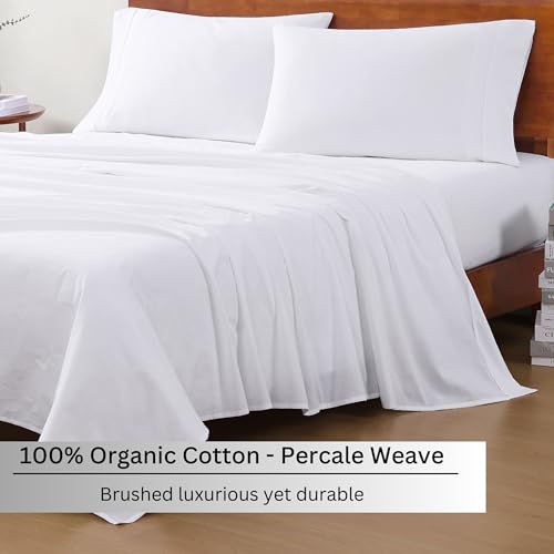 LANE LINEN 100% Organic Cotton King Size Sheets Set, Soft & Comfy All Season Breathable Sheets King Size, Percale Weave Fully Elasticized Eco Friendly Naturally Cooling King White Bed Sheets
