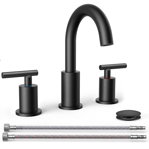 FORIOUS Black Bathroom Faucets 3 Hole, 2 Handle 8 in Widespread Matte Black Vanity Faucet 3 Holes with 360 Degree Rotating Spout for 6 to 12 inch Sink, Metal Pop Up Drain and cUPC Supply Lines