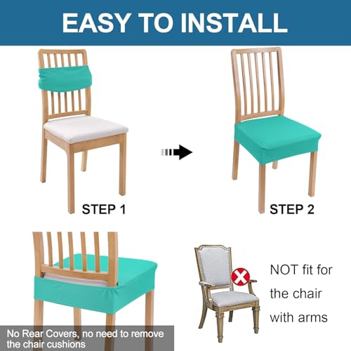Image of Smiry Waterproof Seat Covers for Dining Room Chairs, No Rear Covers | Stretch Jacquard Removable Washable Chair Seat Slipcovers Protector, Set of 2, Teal