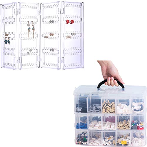 Sooyee 4 Doors Foldable Necklace Hanging Jewelry Organizer Double Sided Stand Display & 3-Layer Things & Crafts Storage Box with 30 Adjustable Compartments, Clear