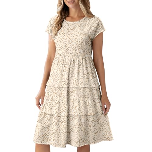 Women's Beige Brown Dots Tiered Layered Midi Dress Short Sleeve