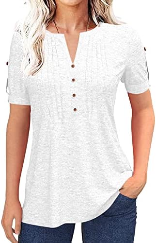Women's fashion summer pleated button short sleeve T-shirt summer V-neck solid color casual Tunic top White