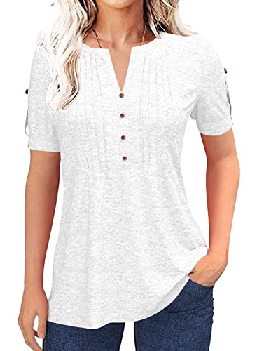 Women's Fashion Summer Pleated Button Short Sleeve T-Shirt Summer V-Neck Solid Color Casual Tunic Top White #TOP2