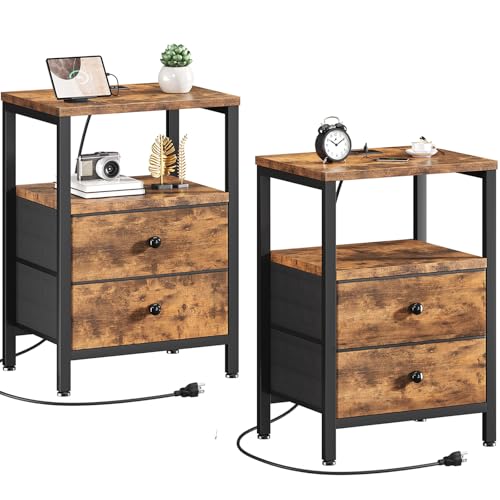 Night Stand Set 2 Nightstand with Charger Station, Bedroom Nightstands Set of 2 with Drawer End Table Dorm Bedside Table Modern Brown