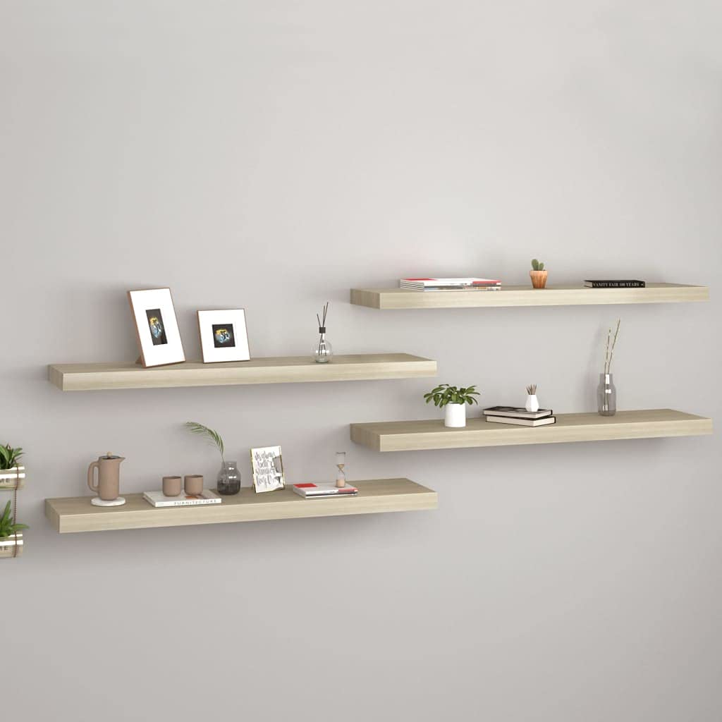 Pływające półki ścienne 4 szt. kolor dębu 90 x 23,5 x 3,8 cm MDF wzór płyty plastra miodu metalowa rama rozwiązanie do przechowywania akcesoria do mieszkania