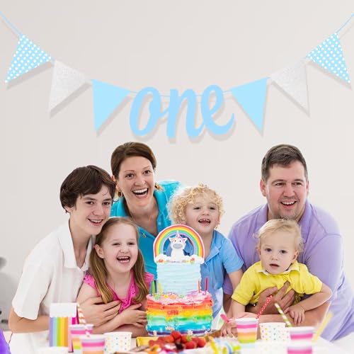 Image of Rozi Decoration Pastel Blue One Bunting Banner for 1st Birthday Decoration Items, Baby Boy 1st Month Birthday, 15x30cm Rectangular Cardboard Wall Mount Banner