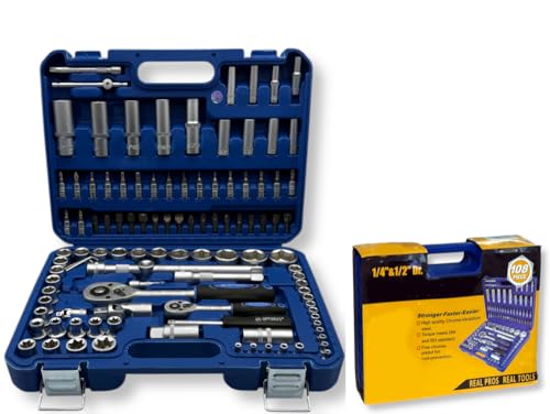 Materale: Cromo Canadio SET 108 PEZZI CHIAVI A BUSSOLA CON CRICCHETTO E ACCESSORI CROMO VANADIO CON VALIGIA