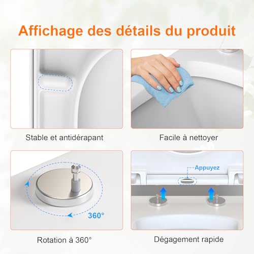 Abattant WC Charnière Déclipsable Facile à Nettoyer Blanc Durable - 6