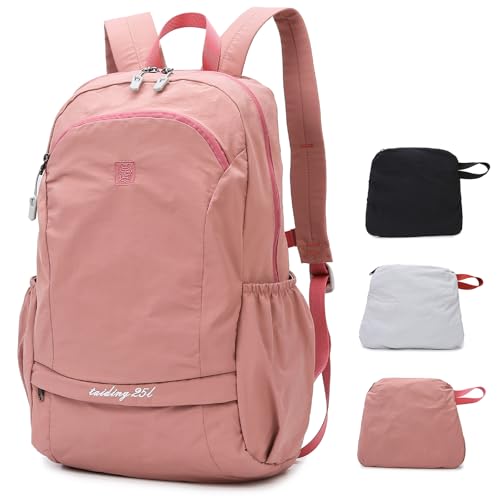 Outplea 25L Faltbarer Rucksack mit Nasstasche, Rucksack Sport Damen, Wanderrucksack Herren Wasserdicht, Tagesrucksack Ultraleicht für Outdoor, Rosa