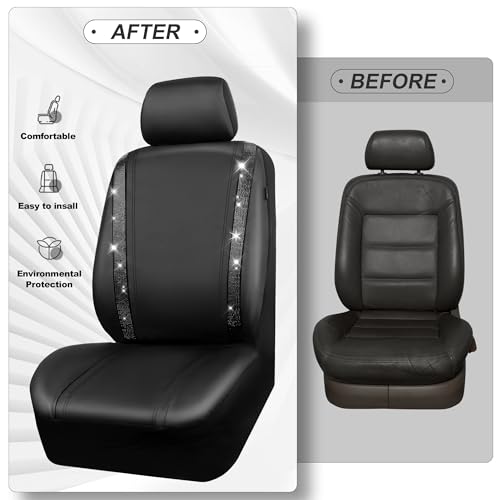 Image of CAR PASS Leather Bling Diamond Car Seat Covers 2 Front Interior Sets, Waterproof Universal Shining Glitter Crystal Sparkle Fit for 95% Automotive Truck SUV Cute Women Girl, Black Rhinestone