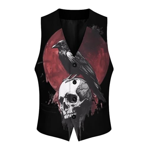 Crow Standing on Skull Casual Suit Vest for Men Formal Business Dress Regular Fit Waistcoat Tuxedo3