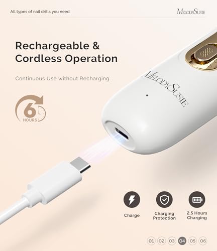 MelodySusie Cordless Pedicure & Manicure Nail Drill Kit, PC760G for Salon-Quality Foot Care for Home & Travel, Rechargeable with 5 Speeds, 8-in-1 Bits, 360° LED Light & Anti-Dust Shield, White — view 5
