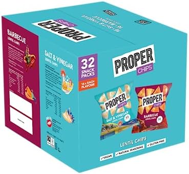 PROPER - Multipack Box, Barbecue and Salt & Vinegar Lentil Chips, Vegan, Gluten Free Snacks, 14g, 32 Packs, (16 bags of each flavour)