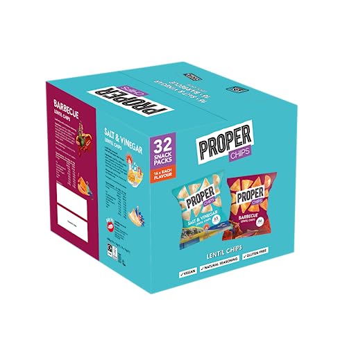 PROPER – Multipack Box, Barbecue and Salt & Vinegar Lentil Chips, Vegan, Gluten Free Snacks, 14g, 32 Packs, (16 bags of each flavour)