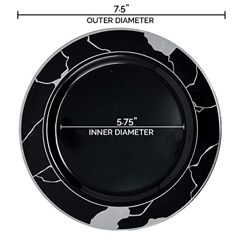 Elegant Disposable Plastic Dessert Plates 120 Pcs - 7.5" Heavy Duty Salad Plates - Black With Silver Marble Appetizer Plates - Catering Party Supplies For Wedding, Birthday & All Occasions #TOP1