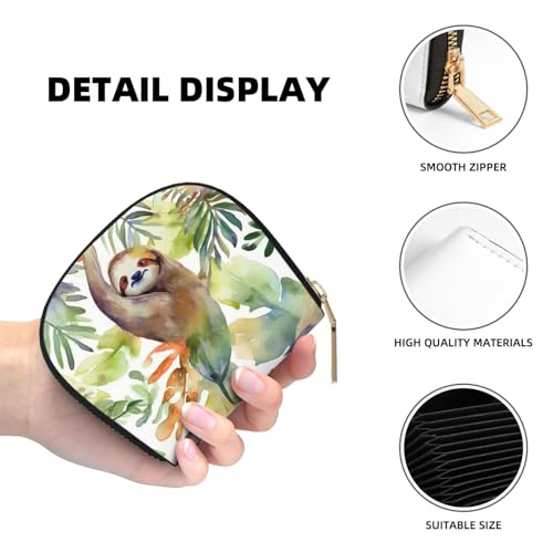 Watercolor Sloth Credit Card Holder Wallet, Leather Zipper Card Wallet For Women Ladies Rfid Blocking Card Case Small Coin Purse Accordion Wallet Gift4