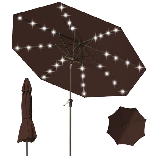 Image of 9FT Patio Umbrella with Solar Lights,Outdoor Market Umbrella with Tilt and Crank, LED Lighted Table Umbrella for Garden,Deck,Backyard,Pool,Beach (Brown)