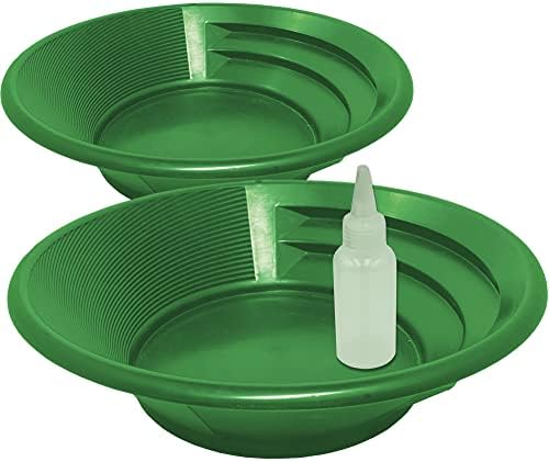 Sluice Fox Gold Panning Starter Kit for Adults and Kids; 11 inch Dual Riffle Style Spiral Gold Pans and Snuffer Bottle, Gold Rush paning kit batea para oro; Gold Prospecting Tools (Green)