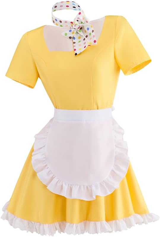 Jenna Waitress Cosplay Costume Women's Yellow Maid Dress with Scalf Apron Uniform Outfit