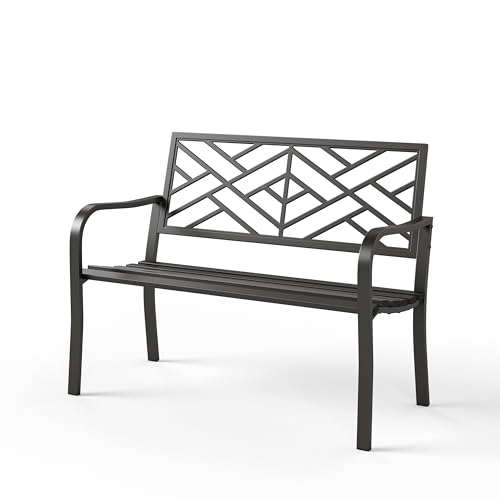 Outdoor metal bench with minimalist backrest, black