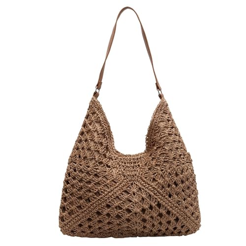 Macayda Bolso de paja para mujer, bolso trenzado de verano, bolso de mimbre para mujer, tamaño mediano, bolso de rafia, bohemio, paja, bolsa tejida para playa, viajes, vacaciones, caqui, 37 x 2 x 38