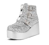 LUCKY STEP Women Platform Chunky Glitter Ankle Boots - Round Toe Zipper Wedges High Heels Rave Buckle Thick Sole Goth Booties (Silver Glitter,8 B(M) US)