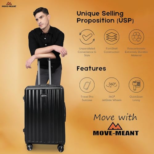 Image of MOVE-MEANT Set of 3 ROAMIFY Small Cabin, Medium Check-in & Large Check-in Suitcase | 55 Cm, 66 Cm & 75 Cm | 360 Degree 8 Wheels Number Lock Polycarbonate Black Trolley Bag | Luggage for Travel - Pack of