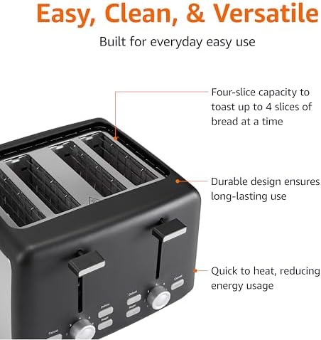 Amazon Basics 4 Slice Toaster, 7 Browning Settings, Extra Wide Slots for Bagels and Specialty Breads, Removable Crumb Tray, Cancel/Defrost/Bagel Buttons, 1500W, Black & Silver - 3